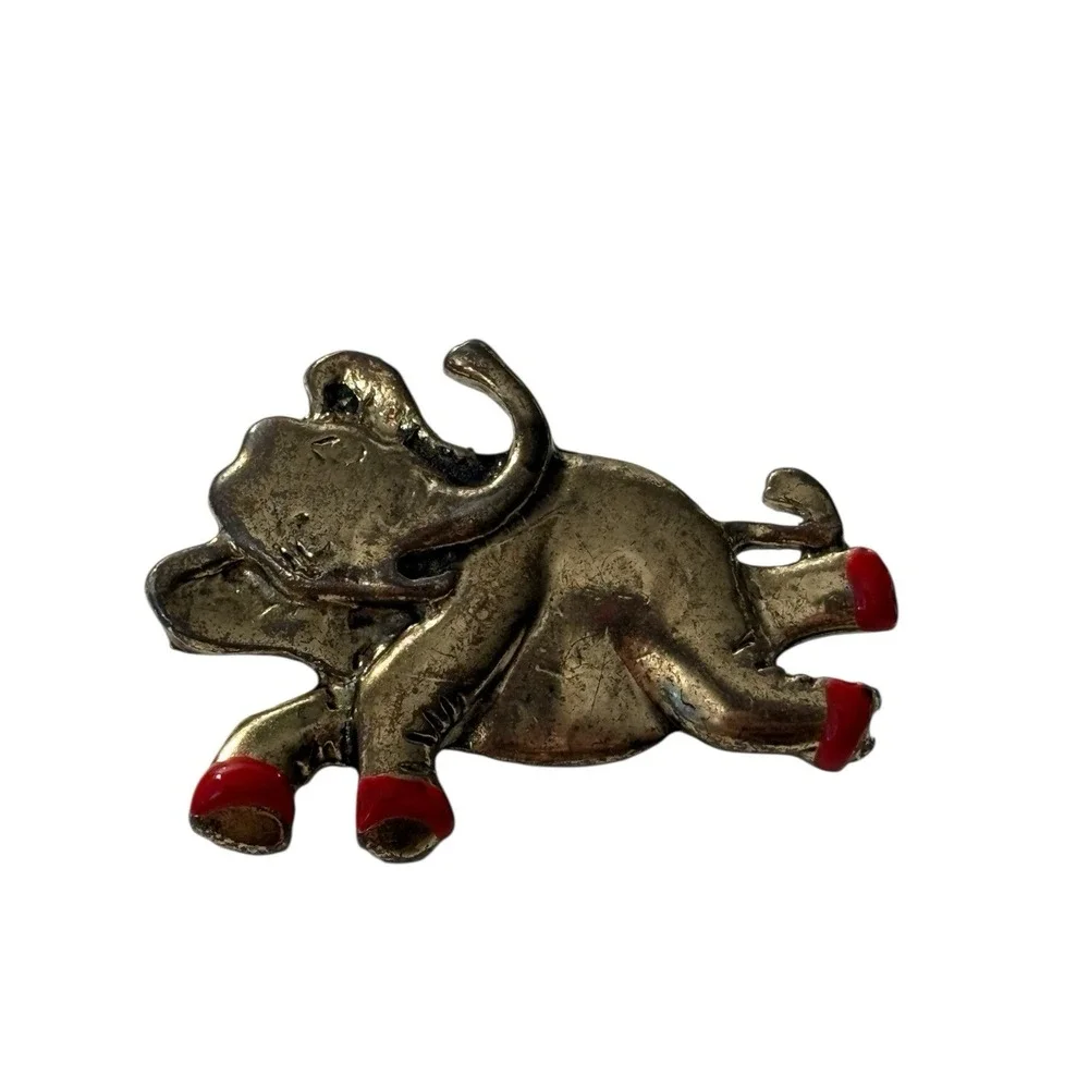 VTG Lazy Elephant Brooch Pin Gold Tone Red Enamel Shoes Figural Unique MCM Funny